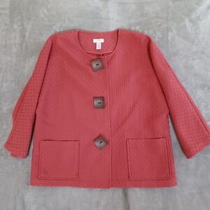 Chicos Sz 1 / M Textured Topper Jacket Pockets Buttons Artsy Coral Red Relaxed